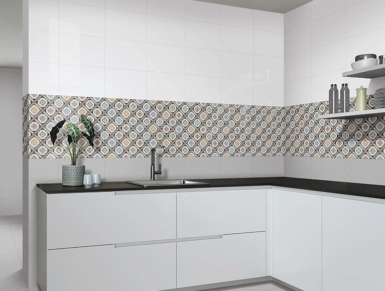 Stylish ivory tiles for simple kitchen design, contrasted with dark cabinetry